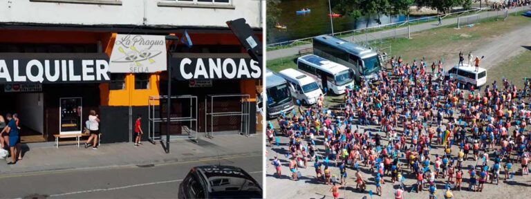 Exterior de las instalaciones de La Piragua del Sella en Arriondas y parking con gente 